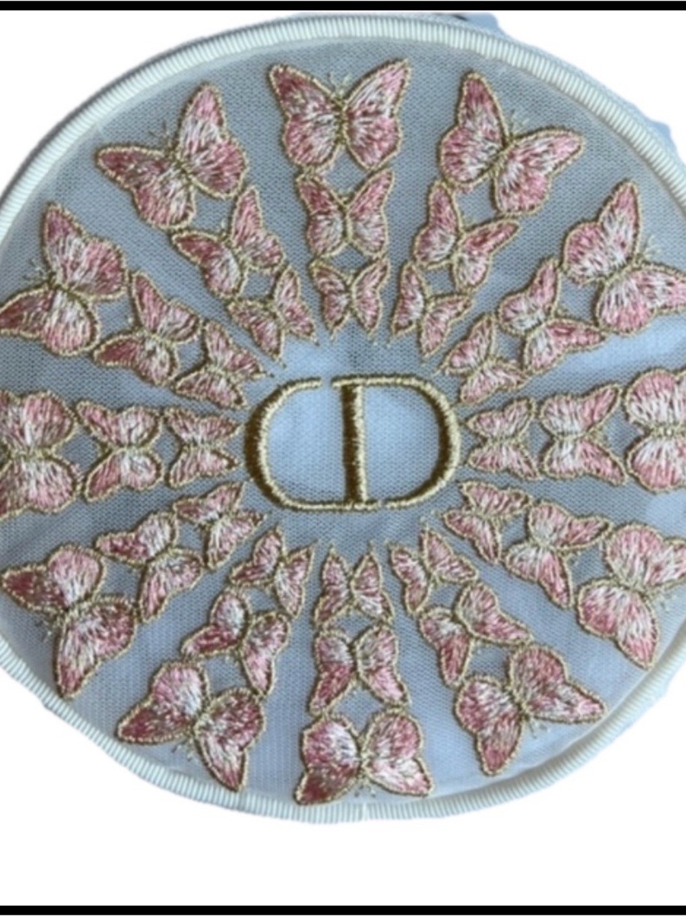 DIOR Embroidered Butterfly Round Pouch in Light Blue and Pink